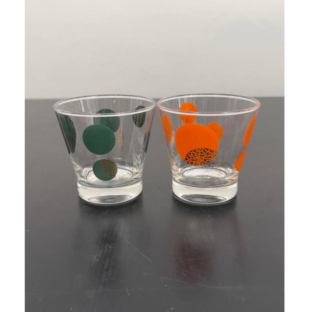 Rocks Glasses Orange Green Gold Polka Dot MCM Set of 2